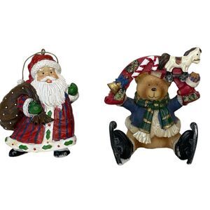 Christmas Figurine Ornament Duo Santa Toy Sack Ice Skating Bear Resin Red Blue